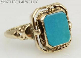 RARE Antique Art Deco Opal & Persian Turquoise Inlay 10k Gold Cocktail Flip Ring 10