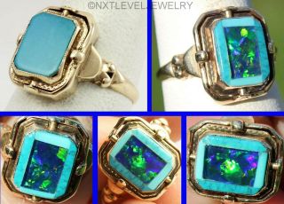 Rare Antique Art Deco Opal & Persian Turquoise Inlay 10k Gold Cocktail Flip Ring