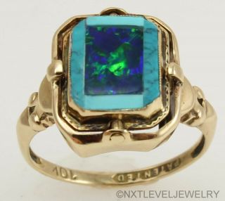 RARE Antique Art Deco Opal & Persian Turquoise Inlay 10k Gold Cocktail Flip Ring 2