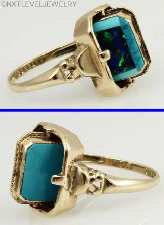 RARE Antique Art Deco Opal & Persian Turquoise Inlay 10k Gold Cocktail Flip Ring 3