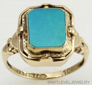 RARE Antique Art Deco Opal & Persian Turquoise Inlay 10k Gold Cocktail Flip Ring 4