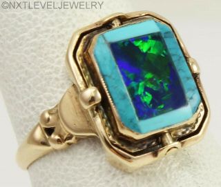 RARE Antique Art Deco Opal & Persian Turquoise Inlay 10k Gold Cocktail Flip Ring 6