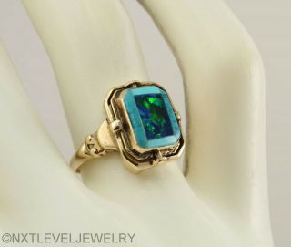 RARE Antique Art Deco Opal & Persian Turquoise Inlay 10k Gold Cocktail Flip Ring 8