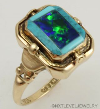 RARE Antique Art Deco Opal & Persian Turquoise Inlay 10k Gold Cocktail Flip Ring 9