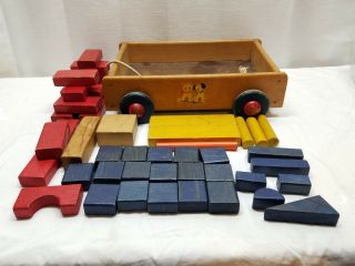 Vintage Wood Wooden Toy Blocks Building Educational Pull Cart Wagon Storage Tray