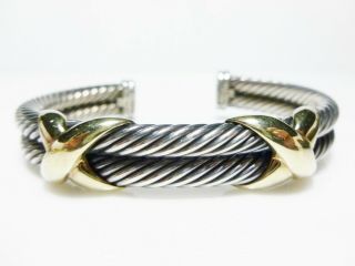 David Yurman Sterling Silver 14k Gold Double Cable X Crossover Cuff Bracelet
