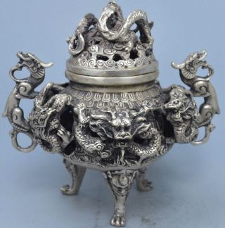 China Ancient Exorcism Old Collectable Miao Silver Carve Dragon Incense Burner
