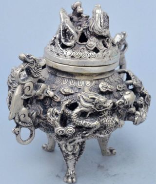 China Ancient Exorcism Old Collectable Miao Silver Carve Dragon Incense Burner 2