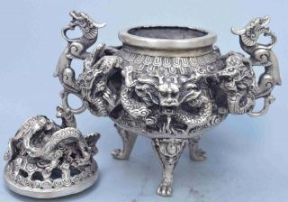 China Ancient Exorcism Old Collectable Miao Silver Carve Dragon Incense Burner 3