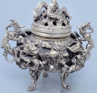 China Ancient Exorcism Old Collectable Miao Silver Carve Dragon Incense Burner 4