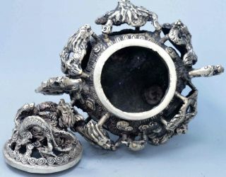 China Ancient Exorcism Old Collectable Miao Silver Carve Dragon Incense Burner 6