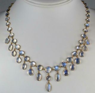 Breathtaking Antique Victorian 18k Gold Blue Moonstone Fringe Drop Necklace