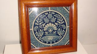 Josiah Wedgwood & Sons Etruria Tile framed T349 Flowered Plant in a pot blue 5