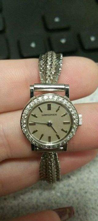 Vintage Longines.  20ctw Diamond 18kt (case) 14kt Bracelet White Gold Lady 