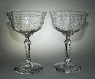 2 Antique Cut Crystal Saucer Champagne Goblets Engraved Design 6 " Thin Glass