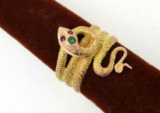 14k Gold Snake Ring Ruby Eyes & Emerald On Head Size 9