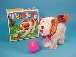 Terrier Dog Playing W/ Ball Wind Up Toy In Boxed Korea Ca 1970 