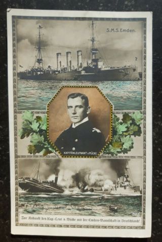 Wwi Germany Navy Sms Emden Cdt Mucke Bengali India Navy Battle Color Postcard Rr
