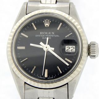 Vintage Rolex Date Lady Steel Watch 18k White Gold Bezel Jubilee Band Black Dial