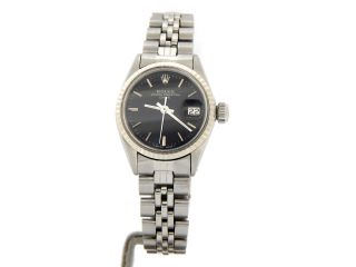 Vintage Rolex Date Lady Steel Watch 18K White Gold Bezel Jubilee Band Black Dial 2