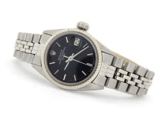 Vintage Rolex Date Lady Steel Watch 18K White Gold Bezel Jubilee Band Black Dial 3