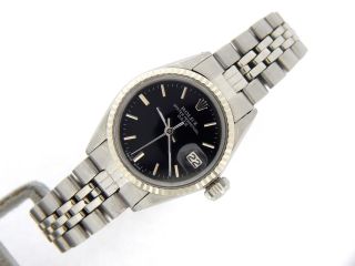 Vintage Rolex Date Lady Steel Watch 18K White Gold Bezel Jubilee Band Black Dial 4