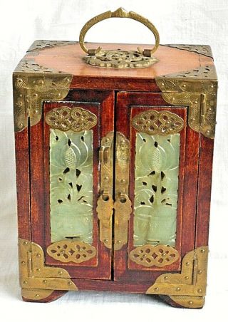 Chinese Jewel Cabinet With Brass Fittings And Jade Inlay