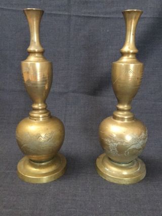 Antique Asia China Brass Lamp Bases Engraved Signed 15 In