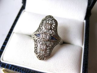 Antique 18k White Gold Filigree Ring:diamonds & Sapphires,  Art Deco,  1920 