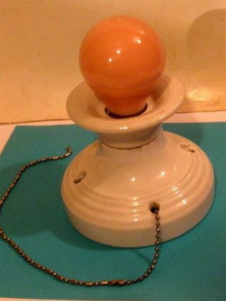 Antique Art Deco Porcelain Ceiling Light Fixture W/ Pull Chain.