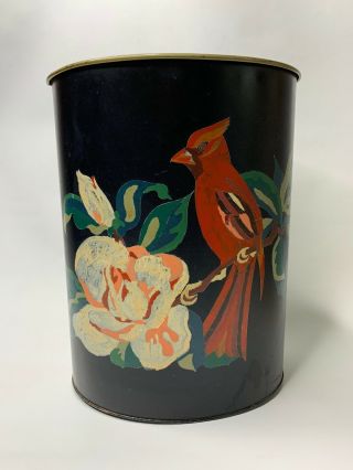 Vintage Hand Painted Tole Trash Can Bird Florals Cardinal Black Round Tropical