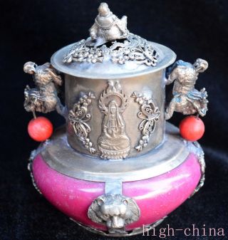Collectable Miao Silver Armor Jade Carve Lion Dragon Tibet Hand Incense Burner