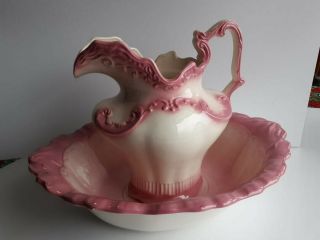 Very Pretty Large Pink And White Pitcher And Bowl Set