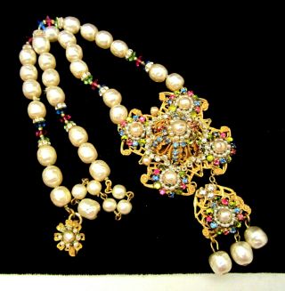 Rare Vintage 18 " X3 " Signed Miriam Haskell Brass Faux Pearl Rhinestone Necklace