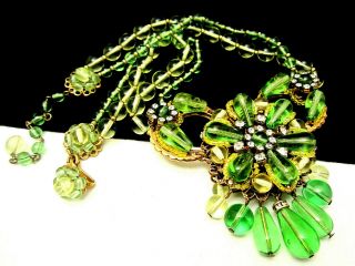 Rare Vintage 16 " X3 " Signed Miriam Haskell Green Glass Rhinestone Necklace