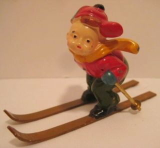 Antique Metal Toy Winter Scene Figure Boy On Skis 2 1/8 " X 3 3/4 " 1940 Rare