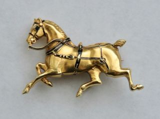 Antique 14k Yellow Gold & Enamel 3 - D Trotting Horse Brooch Watch Pin