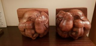 Antique Vintage Carved Wood Bookends (rare) A Monkey In A Ball Unique /unusual.