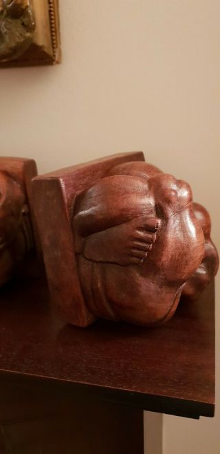 Antique Vintage Carved Wood Bookends (rare) a Monkey In A Ball unique /unusual. 4