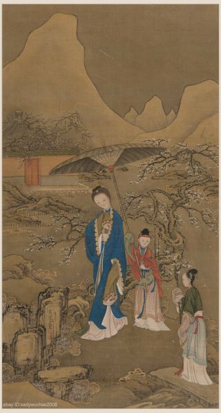 Chinese Old Scroll Painting On Silk Woman Admiring Plum Flowers