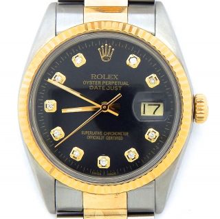 Rolex Datejust Mens Stainless Steel Yellow Gold Watch Black Diamond Dial 16013