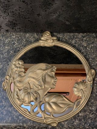 Vintage Art Nouveau Round Brass Mirror Lady With Flowers (2)