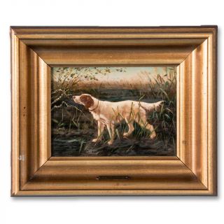 Small Antique Danish Oil Painting / Hunting Dog With Exceptional Detail
