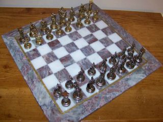 Metal Ancient Roman Figure & 14 " X14 " (36cmx36cm) Handmade Marble Board Chess Set