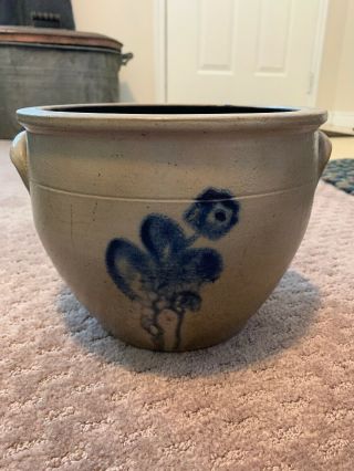 Vintage Antique Stoneware Crock Blue 1 Quart Flower Primitive