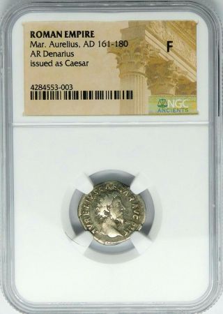 Marcus Aurelius Early Issue As Caesar.  Rare Denarius.  Ancient Roman Silver Ngc F