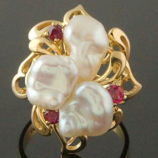 Retro Solid 14k Yellow Gold,  Pearl &.  36 Cttw Ruby,  Floral Motif Estate Ring