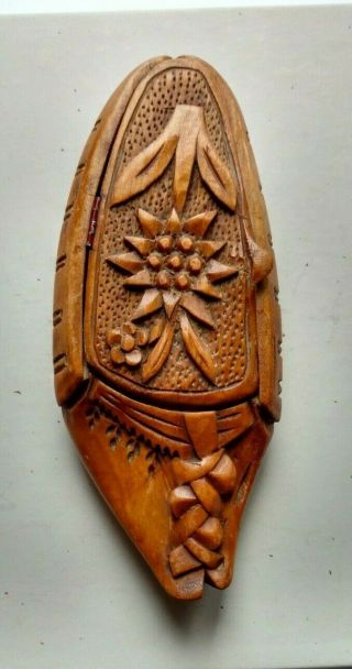 Vintage Wooden Hand Carved Detailed Shoe Shaped Hinged Box,  Edelweiss,  Germany