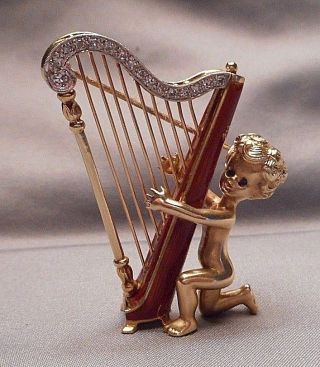 Signed Ruser 14k Gold Diamond Enamel Brooch - Cherub Putti Playing Harp 23.  5g