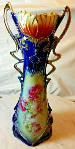 Antique Porcelain Vase Blue Gold Accents Rose Design 11.  25 " Tall